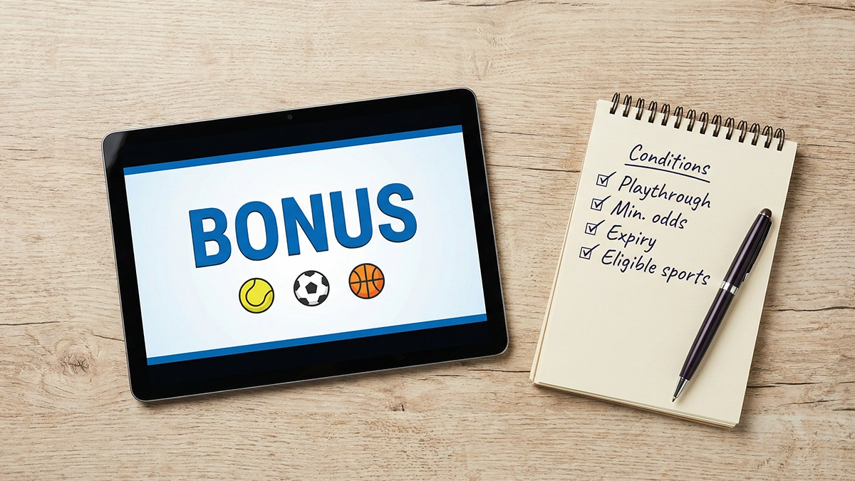 Écran de tablette montrant des offres promotionnelles de paris sportifs sur un bureau en bois