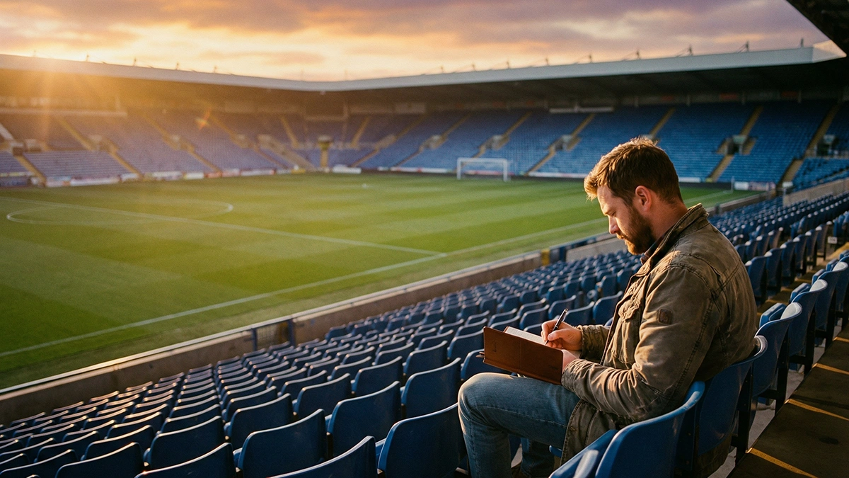 Guide méthodique des paris sportifs : un parieur analyse un match de football sur un terrain éclairé