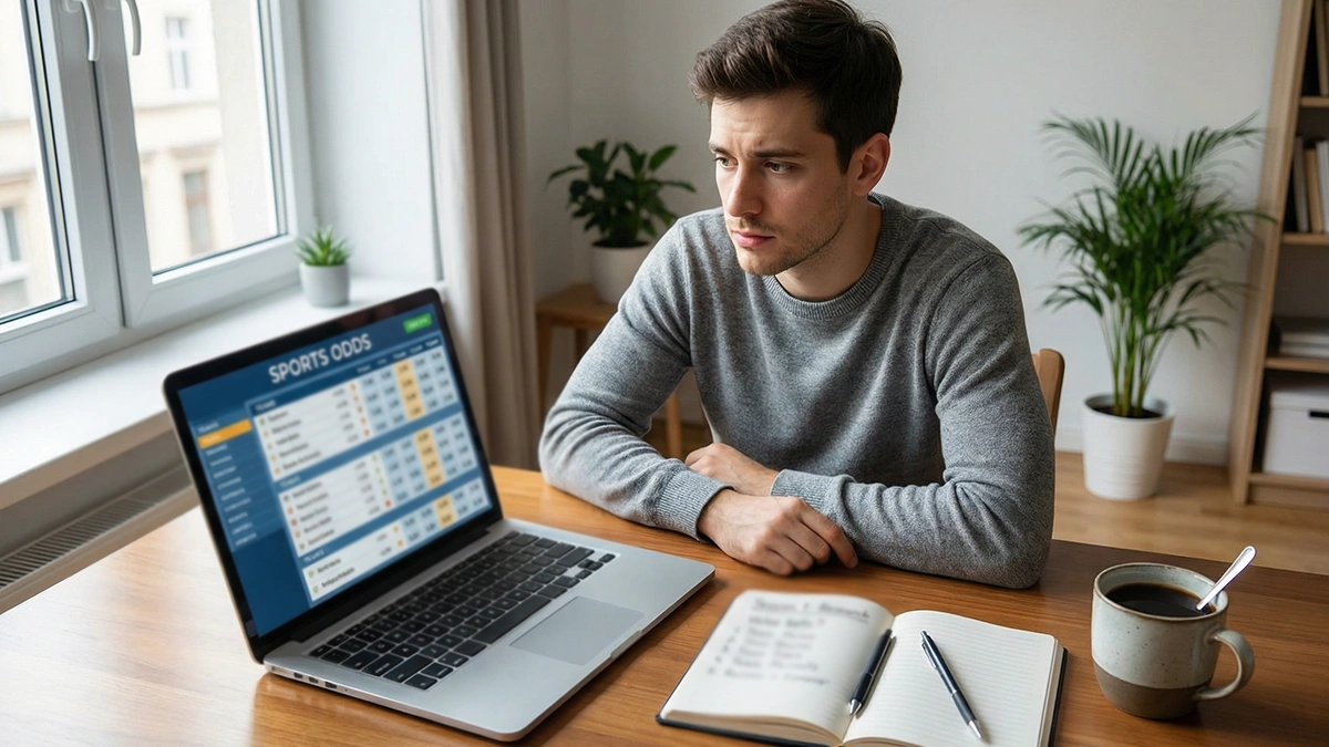 Parieur débutant consultant un écran de paris sportifs dans un cadre calme et organisé