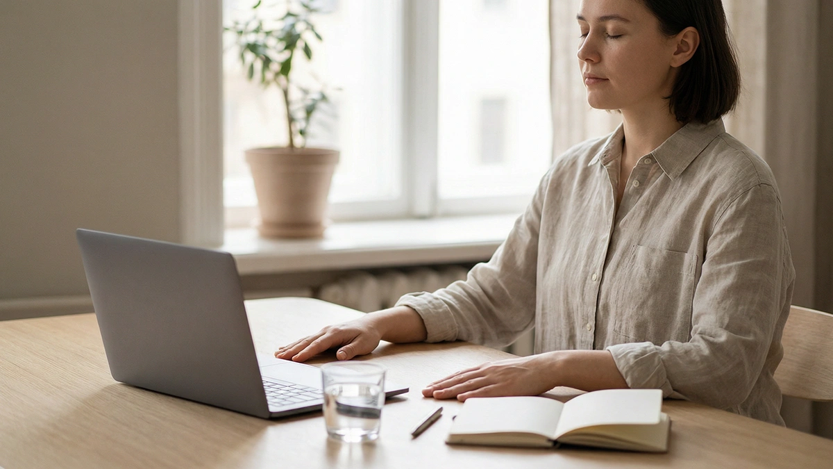 Personne assise calmement devant un bureau avec un carnet et un stylo, ambiance sereine