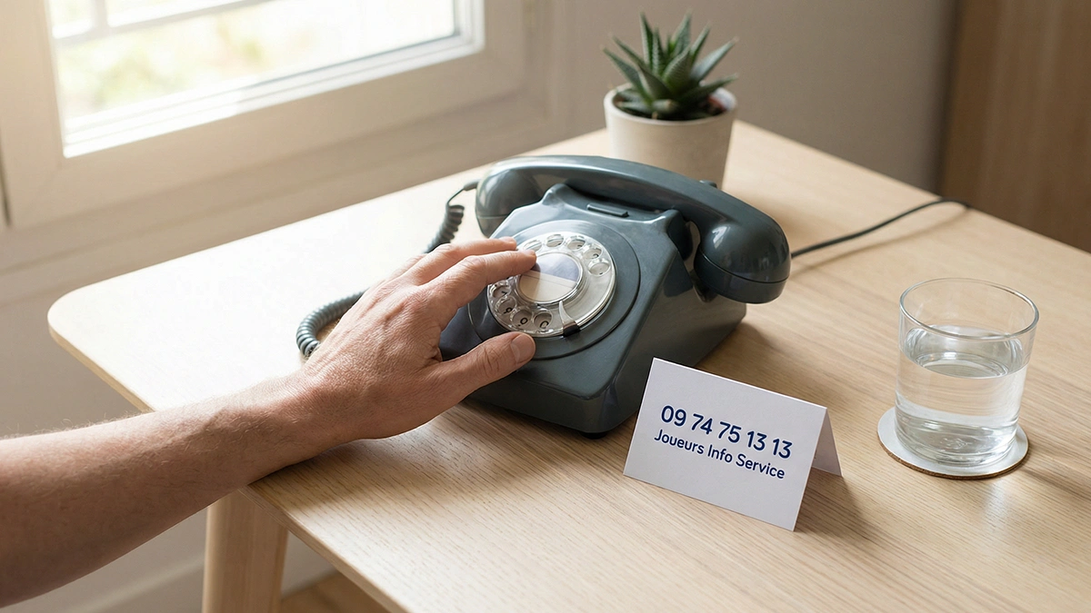 Main posée sur un bureau à côté d'un téléphone affichant un numéro d'aide au jeu responsable