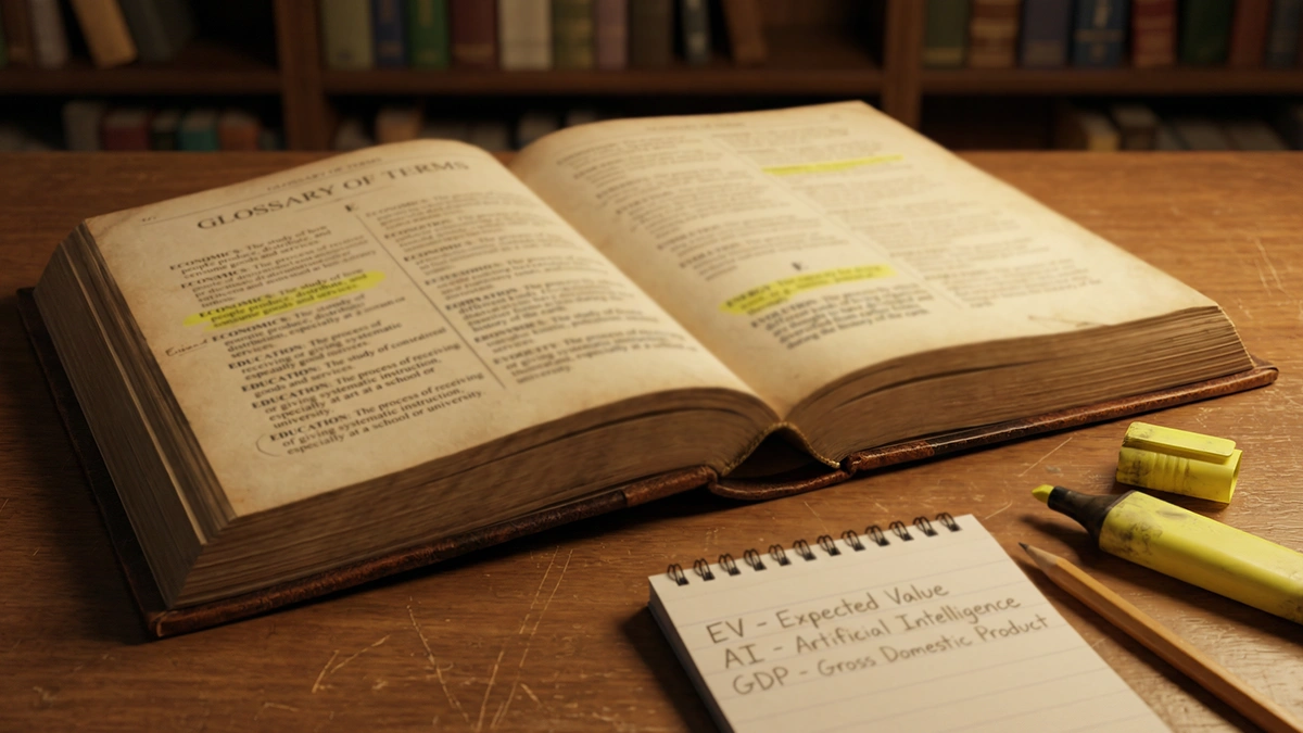 Dictionnaire ouvert sur un bureau avec des termes surlignés et un carnet de notes à côté