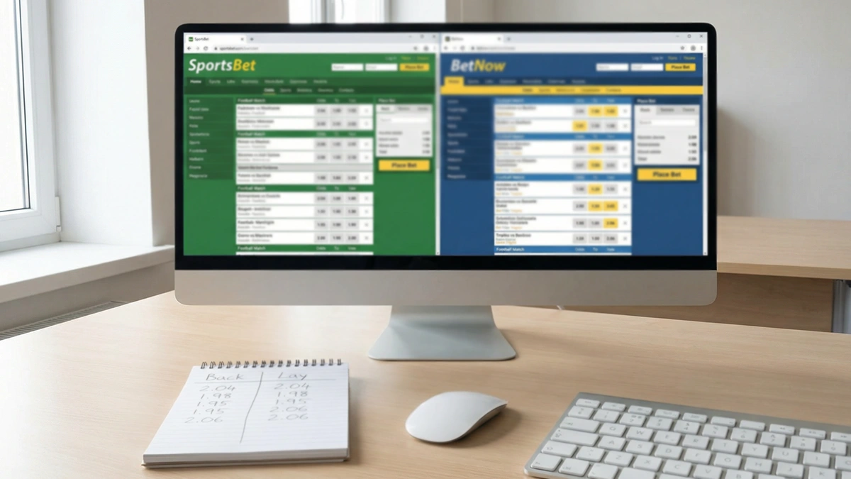 Écran d'ordinateur avec deux fenêtres de bookmakers ouvertes côte à côte sur un bureau