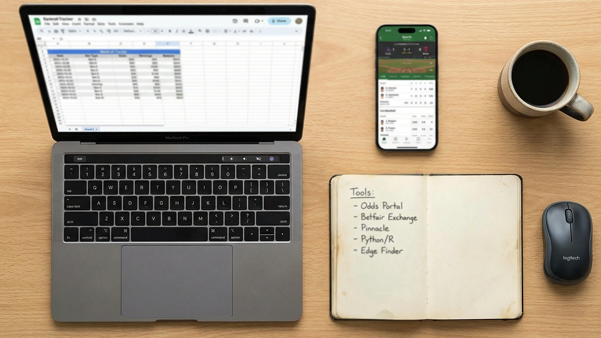 Bureau organisé avec un ordinateur portable, un carnet de notes et un smartphone affichant des statistiques sportives