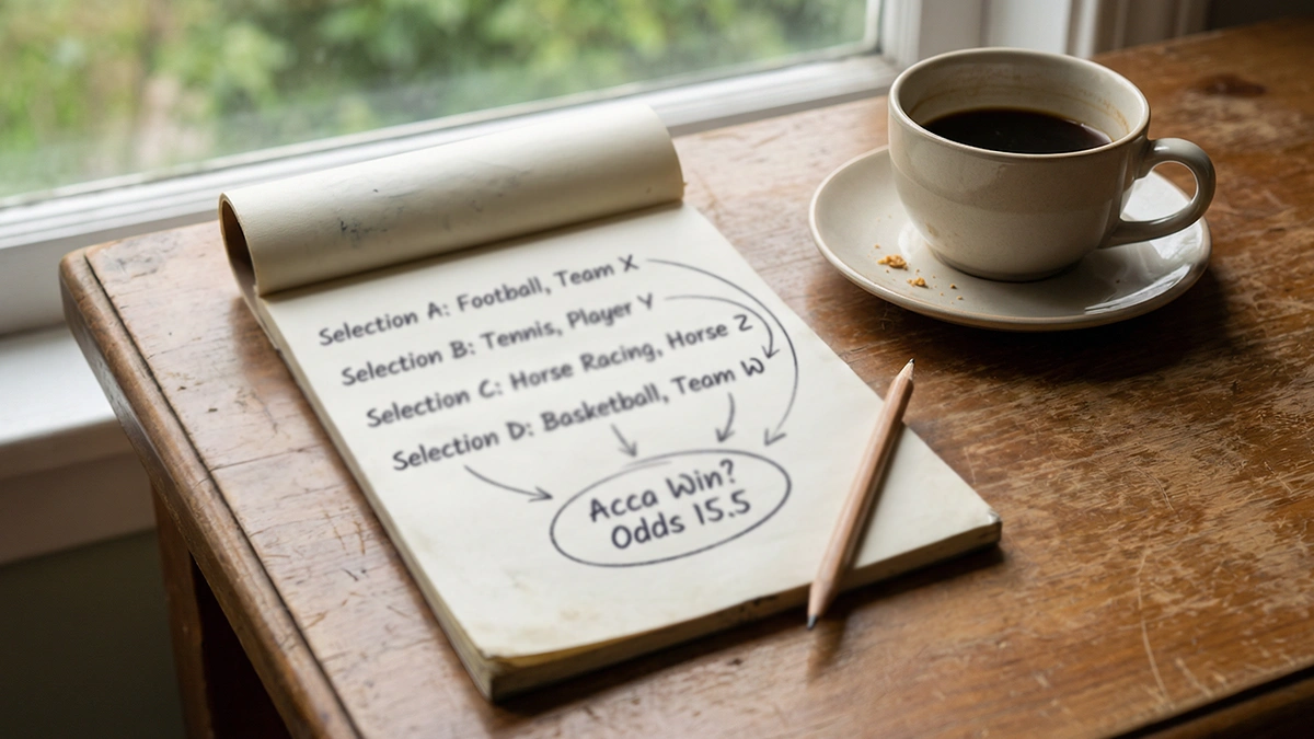 Carnet ouvert avec plusieurs sélections de paris notées et reliées par des flèches