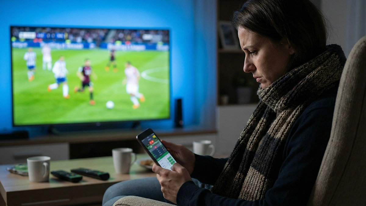 Supporter portant une écharpe de football regardant un écran avec un air hésitant