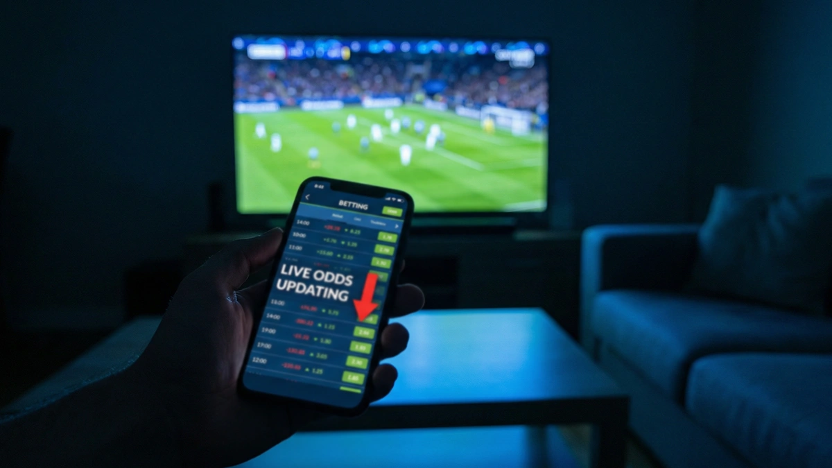 Écran de smartphone affichant des cotes en direct avec un match de football en arrière-plan flou