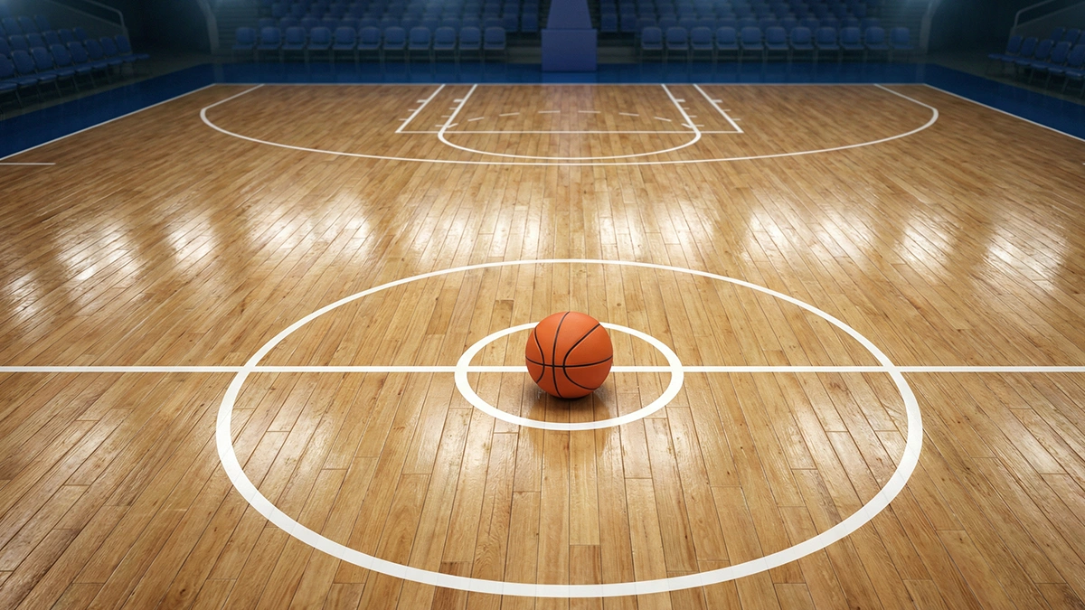 Terrain de basketball en parquet verni vu en plongée avec un ballon de basket orange au centre