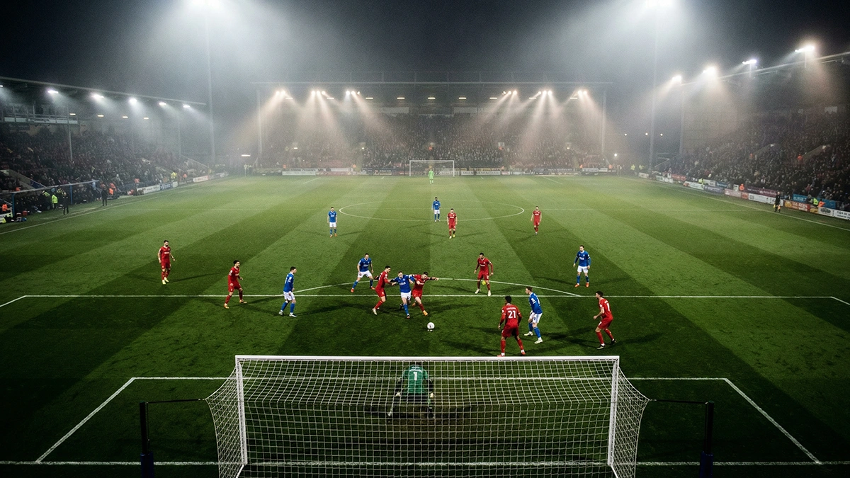 Terrain de football en gazon naturel vu depuis les tribunes lors d'un match en soirée