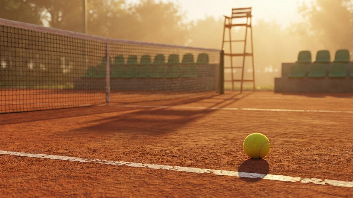 Court de tennis en terre battue avec une raquette et des balles posées au bord du filet