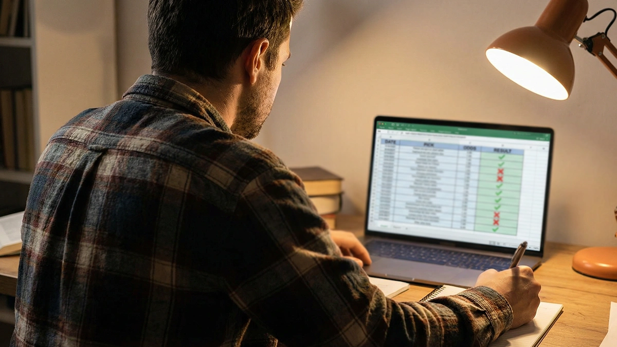 Personne analysant des statistiques de pronostics sur un écran d'ordinateur portable